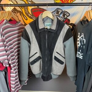 Vintage Outdoor Exchange Leather Knit Bomber Jacket Grey Black Mens Large L